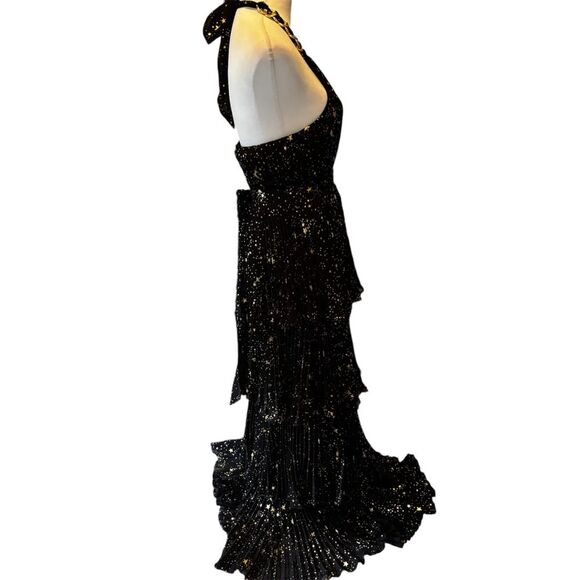 NWT Alex Marie Black and Gold Tiered Pleated Halter Maxi Dress – Size 4 - Picture 10 of 13